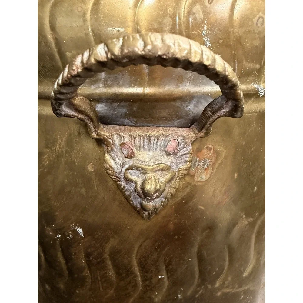 Vtg Brass Cachepot Jardiniere 4 Lion Elephant Head Ring Handles Planter 9